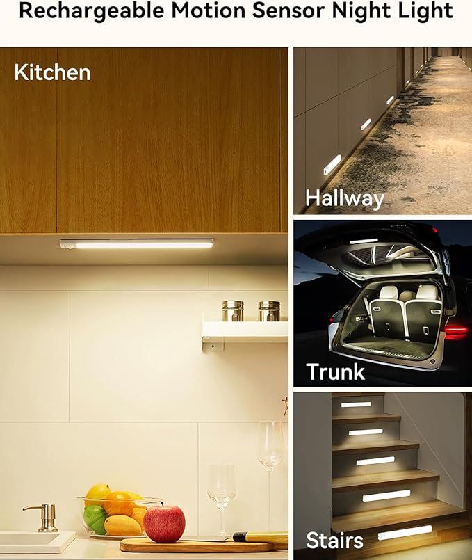 Under Cabinet Lighting Wireless, 3 Packs Rechargeable Motion Sensor Light Indoor Disassembled, 3 Color Temps Closet Light Stick on, 8 Inches Under Counter Lights for Kitchen, Wardrobe, Bedroom