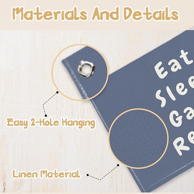 RTXLEZM Game Room Decor, Eat Sleep Game Repeat Canvas Banner | Preppy Navy Blue Gaming Wall Hanging for Kids Toddler Boys Nursery Room Bedroom Playroom Decor, 20x30 Inch