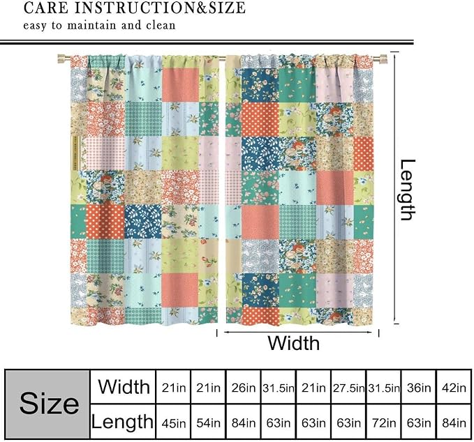 Boho Floral Patchwork Blackout Curtains Farmhouse Patchwork Quilted Country Check Plaid Print Window Drapes for Bedroom Living Room Kitchen Cafe （W27.5xL63 Inch） x2 Panels