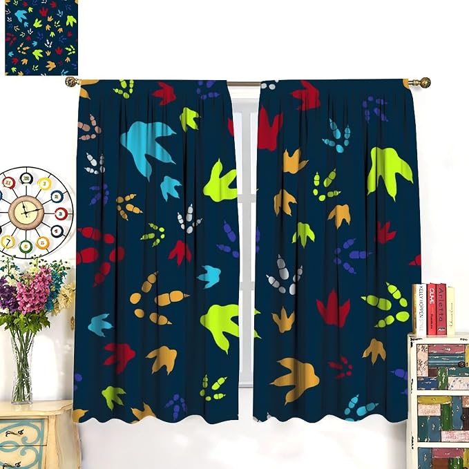 YCness Dinosaur Footprint Curtains for Boys Girls Children Nursery Playroom Room Decor Colorful Cartoon Dino Art Printed Window Drapes Decor Fabric Set 2 Panel 42x63 Inch 80% Shading Rate