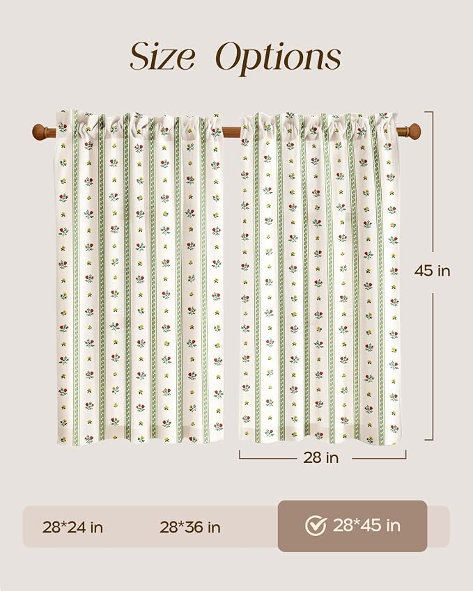 Miss Adola Farmhouse Kitchen Tier Curtains - 45 Inch Length Linen Blend Floral Cafe Curtains Green Stripe Small Window Treatment Over Sink Rod Pocket for Bathroom Living Room Light Filtering, 2 Panels