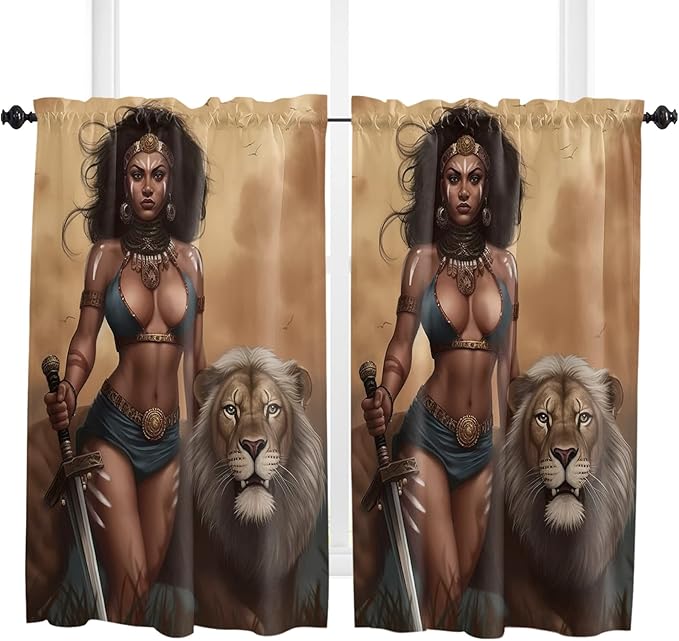 Kitchen Tier Curtains 45 inches Length, Valkyrie on The Prairie Llion and Warrior Woman Window Curtains for Living Room Bathroom,Rod Pocket Light Filter Drapes Half Window Treatment Tiers 2 Panels