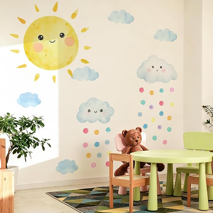 Large Sunshine Nursery Decor, Smile Sun and Cloudy Drops Wall Decal for Playroom, Classroom and Party, Watercolor Sprinkle Sky