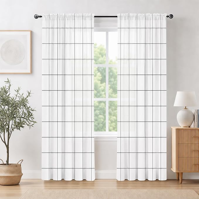 Black and White Curtains,Plaid Curtains 84 Inches Long for Living Room Bedroom,Farmhouse Rustic Gingham Checkered Rod Pocket Light Filtering Modern Woven Stripes Privacy Drapes 2 Panels