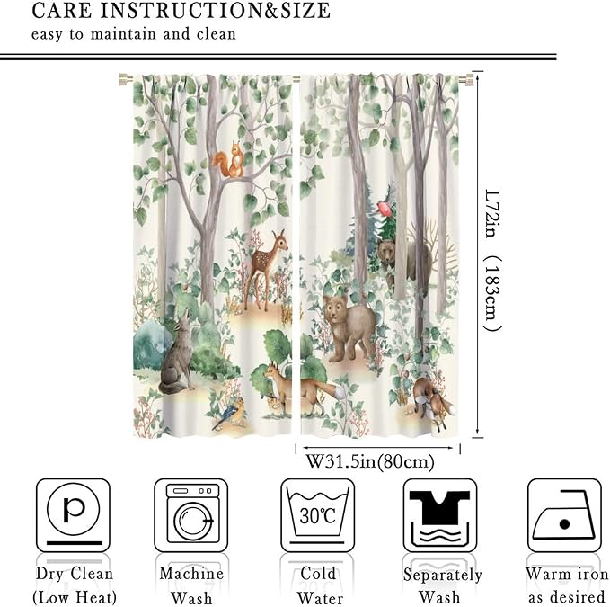 Forest Animal Kids Curtains, Wild Rustic Bear Fox Deer Children Cartoon Window Treatments for Living Room, Watercolor Blackout Drapes 2 Panel Sets,63x72 Inch