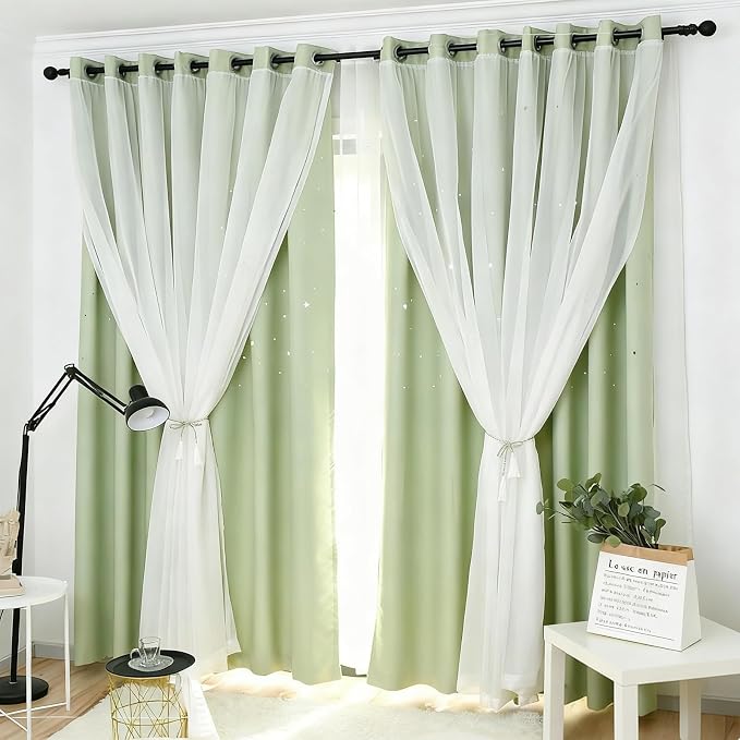 2 Panels Green Star Blackout Curtains 102 Inches Long, Privacy Light Filtering Cute Drapes for Kids Bedroom, Thick Grommet Double Layer Nursery Princess Curtains for Glass Door (40"W x 102"L)