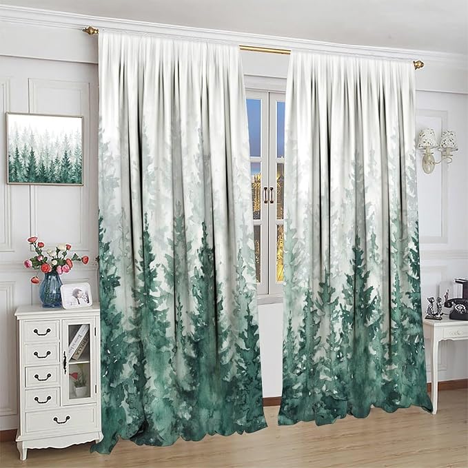 Green Forest Curtains, Watercolour Nature Misty Simple Pine Tree Tree Forest Plant Blackout Windows Treatments, Thermal Insulated Drapes for Kids Boys Girls Living Room Bedroom 52x84in