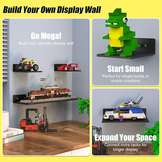 BlissBox 9-Pack Floating Shelves for Wall Compatible with Lego Building Bricks, 5x5.5inch Dual‑Sided 16x17 Studs for Toy Brick Storage and Display, ABS Display Shelves for Room Decor, Black
