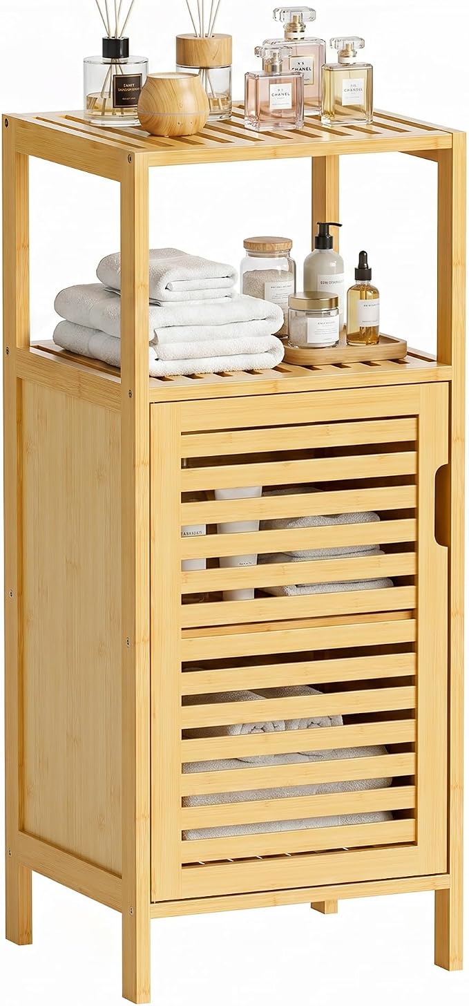 HITNET Bathroom Cabinet Freestanding, Small Bamboo Floor Cabinet, 4 Tier Single Door Sofa Side Table Storage Organizer, Space Saving Kitchen Cupboard, Natural