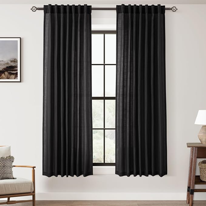 Black Linen Curtains 63 inches Long for Bedroom Back Tab Light Filtering Privacy Semi Sheer Black Curtains Living Room Boho Rustic Farmhouse Cotton Textured Gauze Curtain 2 Panel Set