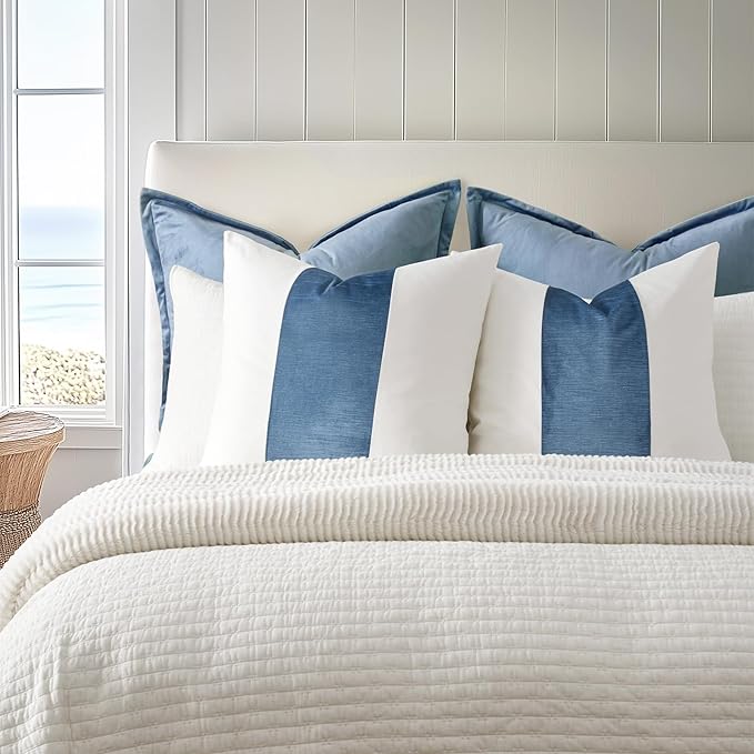 EVERGRACE x Kinsey Walsh Signature Velvet Panel Cotton Pillow Covers Set of 2, Decorative Pillow Covers 20"x20" for Couch, Square Cushion Cases for Sofa Bedroom Living Room, Blue Topaz