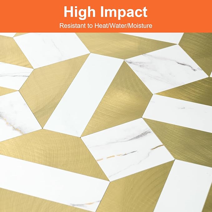 10-Sheets Peel and Stick Backsplash Tiles, PVC Marble Mixed Metal Look,Heat Resistant Stick on Tiles for Kitchen Wall,Bathroom,Laundry Room (Marble Gold & Gold)
