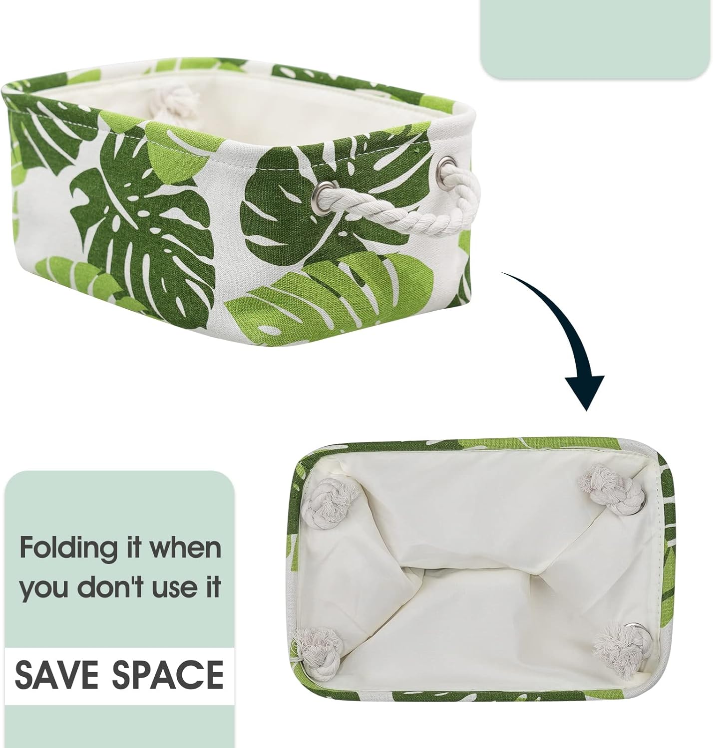 Organization and Storage Basket for Shelves - Small 6 Pack Fabric Storage Bin Collapsible Baskets for Organizing with Handle for Cloth Decorative Laundry Canvas (Banana Leaf 12x8x5.2 inch)