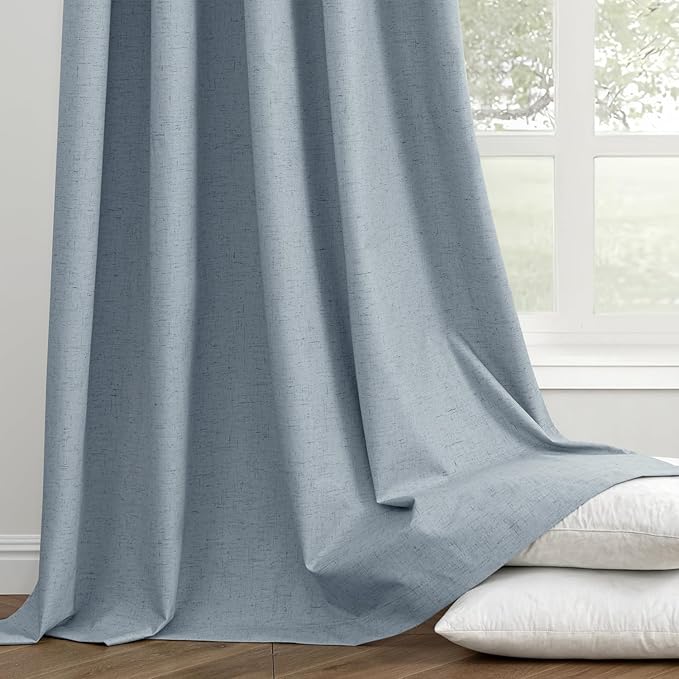 EMEMA Chambray Blue Linen Blackout Curtains 84 inch Long 2 Panels Set for Bedroom Back Tab Thermal Insulated 100% Black Out Drapes Pinch Pleated Hooks Room Darkening Window Curtain for Living Room