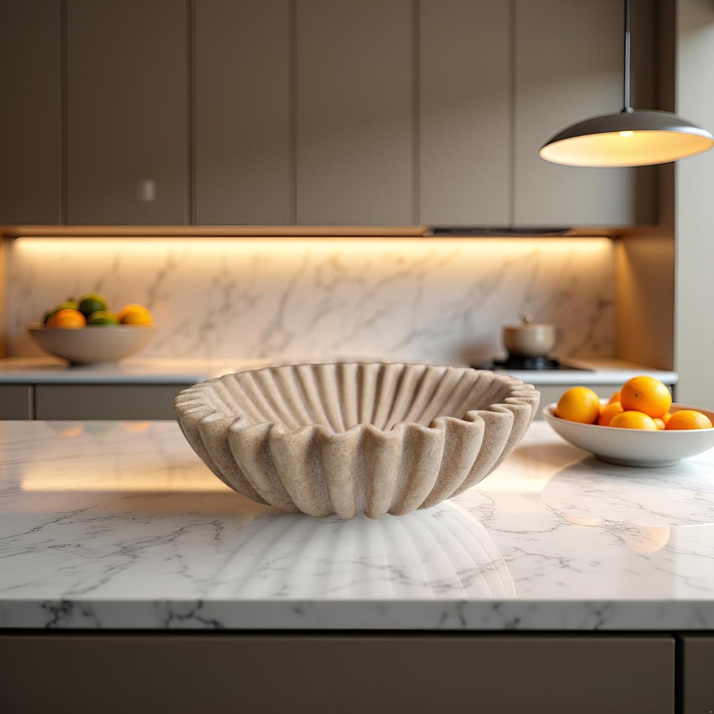 10" Large Decorative Bowl decor, Scalloped Bowls for Modern Home Decor,Ruffle Decor,Stylish Key Bowl for Entry Table,Decorative Fruit Bowl for Kitchen Counter,Artificial Stone Beige