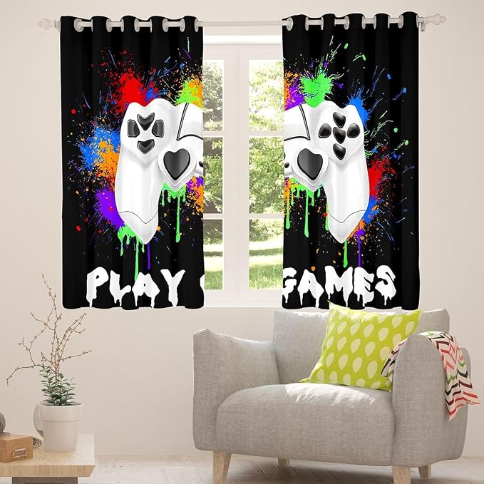 Feelyou Kids Boys Graffiti Gamer Window Curtains Black Gaming Blankout Curtains Game Darkening Drapes for Toddler Game Room Decor Window Treatments (2 Panels, 52 x 84 Inch)