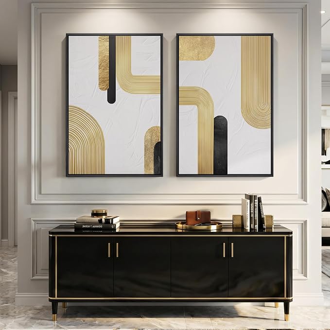 Large Framed Gold Abstract Wall Art Set of 2 for Living Room, Modern Minimalist Luxury Black White Canvas Artwork for Walls, Contemporary Line Painting Print Wall Decor for Bedroom Office, 24x36 Inch