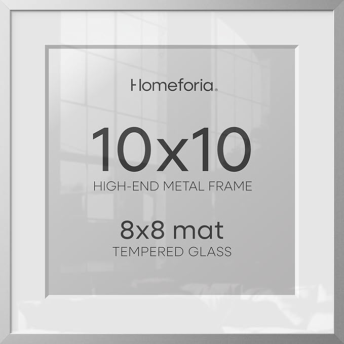 Homeforia 10x10 Picture Frame Silver, High End Metal 10 by 10 Square Frames with Mat 8 x 8 inch Photo, 10by10 Poster Frame Matted to 8x8 Art, Wall or Tabletop Frame, Tempered Glass, Wall Kit, Set of 2