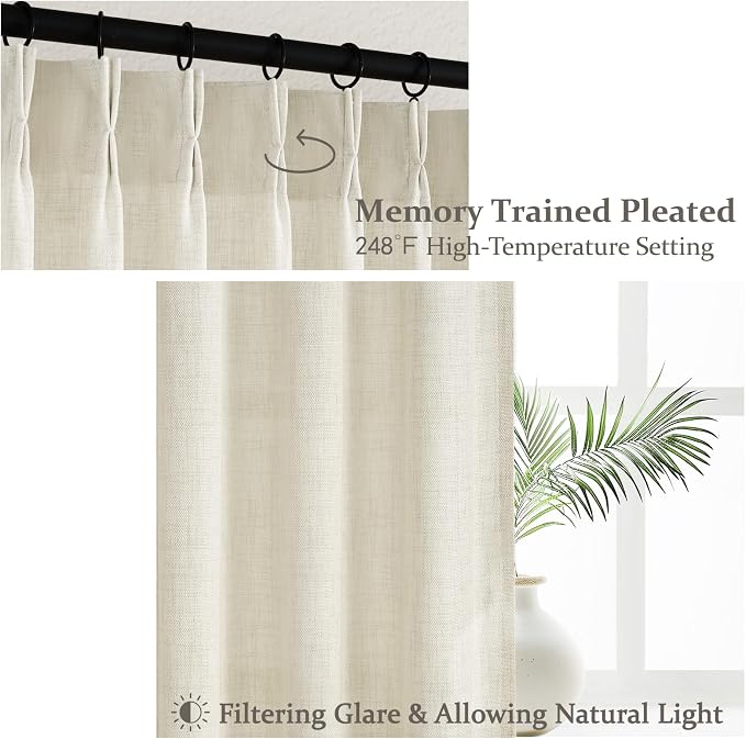 PleatedDrapes Cream Linen Farmhouse 120 Inch Curtains for Living Room, Extra Long Pleat Sheer Light Filtering Curtain with Ceiling Track Privacy Thick Large Window Drapes for Sliding Door 2 Panels Set