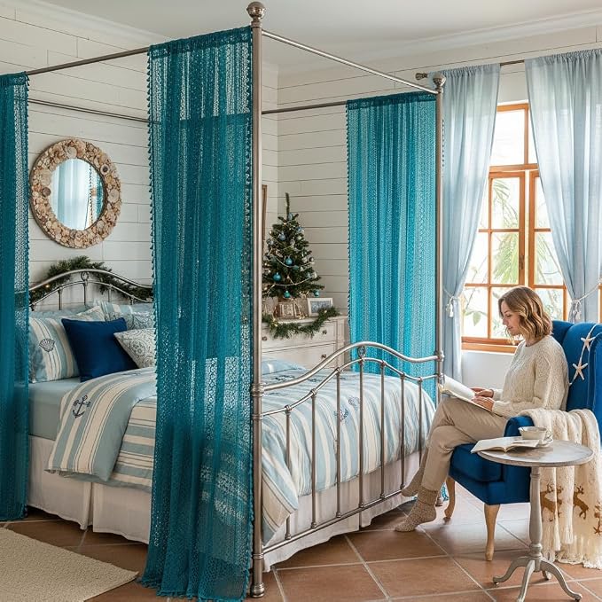 WAZZIO Boho Lace Curtains 96 Inches 2 Panel,Light Filtering Privacy Tassel & Geometry Crochet Semi Sheer Curtain Drapes for Bedroom Living Dining Room,Rod Pocket & Tassel,Coastal Style,Teal