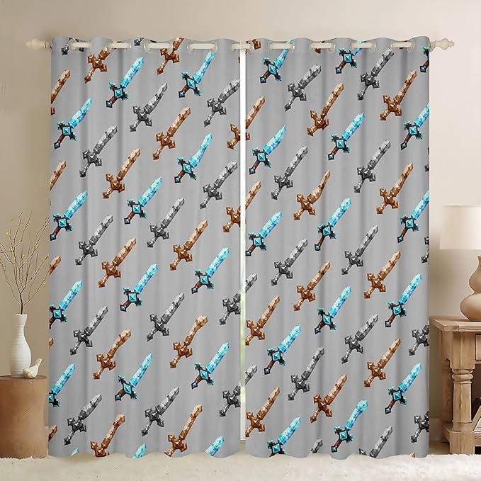 Castle Fairy Colorful Sword Window Curtain,Sandbox Blocke Building Living Room Decor Curtains for Kids Boys Teens,Video Games Window Treatment Grey Modern Blackout Drapes 2 Panels,42Wx84L