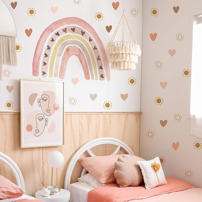 funlife Large Watercolor Rainbow Wall Decals Peel and Stick, Boho Yellow Sun Decal Boho Heart Wall Sticker for Girls Bedroom Decor, Kids Nursery Room Sunrise Playroom Wall Art Decor Decal