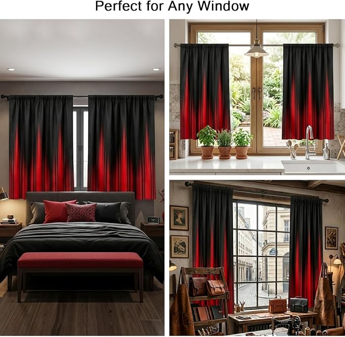 Coxila Red and Black Ombre Curtains, Gothic Dark Aesthetic Soft Fabric Window Drapes for Gaming Room, Goth Room Decor, 2 Panels, Rod Pocket, 42 x 63 Inch
