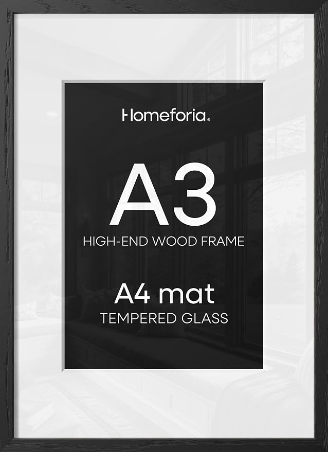 Homeforia A3 Picture Frame Black Wood, High-End Oak 11.7 x 16.5 Black Poster Frames Matted to 8.3 by 11.7 Photo, 11.7x16.5 Size Wooden Frame with Mat 8.3x11.7 Print, Tempered Glass, Wall Kit, Set of 3