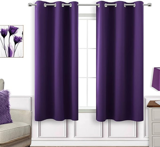 KOUFALL Dark Purple Window Curtains for Bathroom 2 Panels Set Room Darkening Small Short Blackout Curtains for Bedroom Kitchen 45 Inch Length,Royal Grape