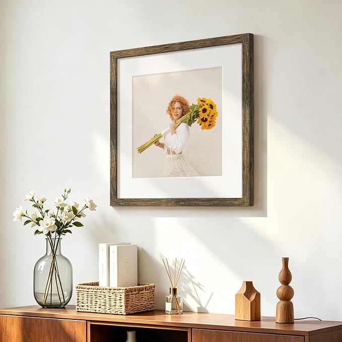 Picrit 16x16 Picture Frame 3 Pack, Wooden Brown Rustic Poster Frame, Display Poster 12 x 12 with Mat or 16 x 16 without Mat for Horizontal or Vertical Wall Mounting