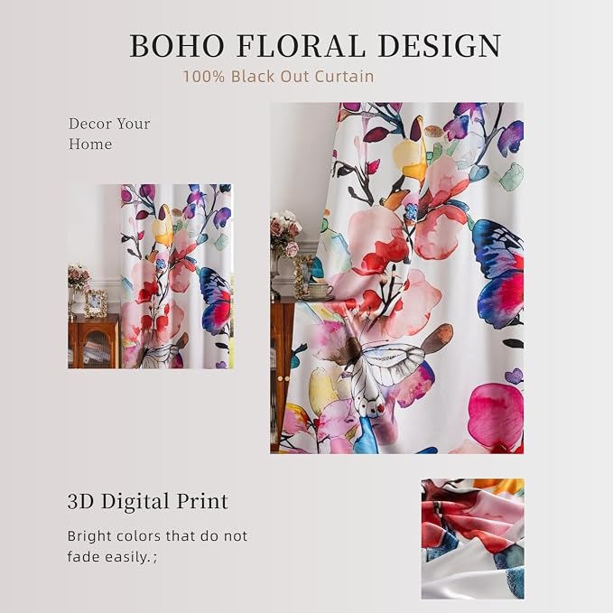 Pink Floral 100% Blackout Curtains 63 inch Length 2 Panels Black Out Drapes Colorful Butterfly Vintage Flower Pattern Thermal Insulated Window Treatment Curtain for Bedroom Living Room 52 x 63 Inch