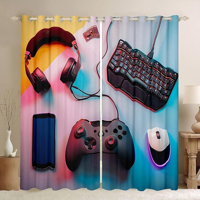 Feelyou Kids Boys Gamer Window Curtains Black Pink Blue Gamer Darkening Drapes Gaming Blankout Curtains Game Room Decor Window Treatments (2 Panels, 52 x 63 Inch)