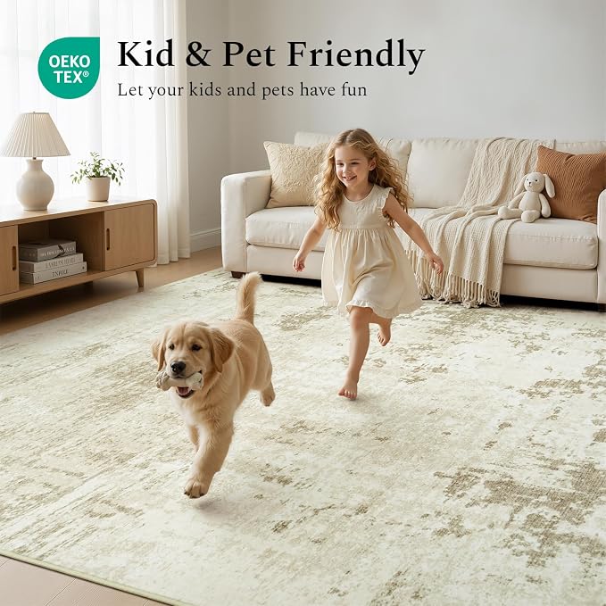 Rugflix 8x10 Area Rugs for Living Room, Washable Large Rug Stain-Resistant Low Pile, Modern Neutral Carpet for Dining Room Home Office Kid Room Nursery Bedroom, Beige