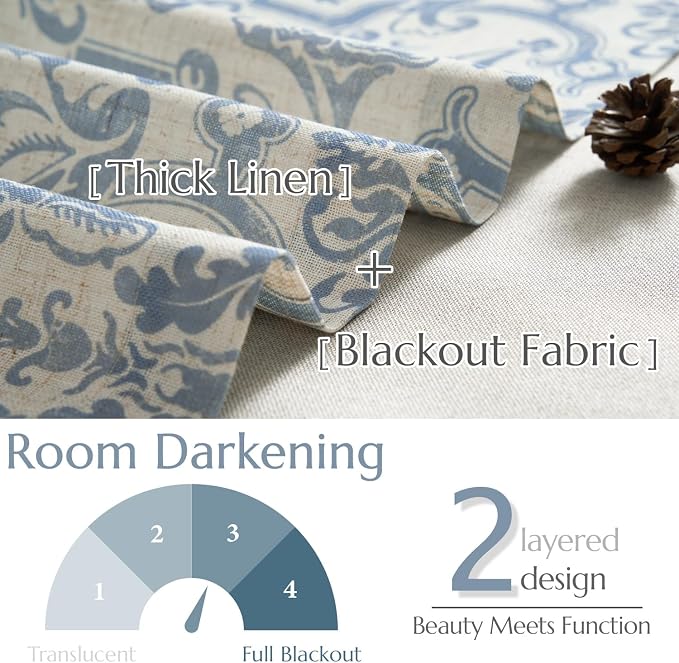 jinchan Linen Valance Curtain for Kitchen Vintage Damask Floral Light Filtering Double Layer Small Window Valance for Living Room Bedroom Bathroom 18 Inch Rod Pocket 1 Panel Light Blue on Beige