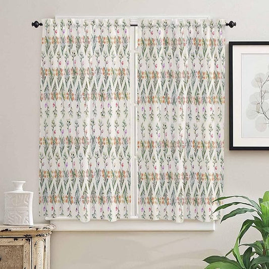 Kitchen Tier Curtains 63 inches Length, Vintage Flower Colorful Floral and Green Leaves Window Curtains for Living Room Bath,Rod Pocket Light Filter Drapes Short Half Window Treatment Tiers 2 Panels