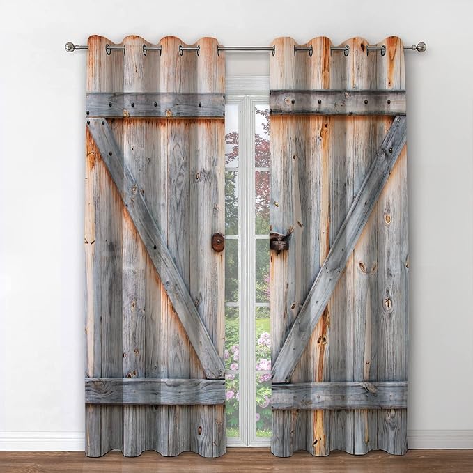 Jekeno Wood Barn Door Blackout Curtains Rustic Farmhouse Wooden Door in Retro Color Oak Board Countryside Village Rural Decor for Bedroom Living Room Grommet Window Drapes 2 Panel Set, 42"x84"