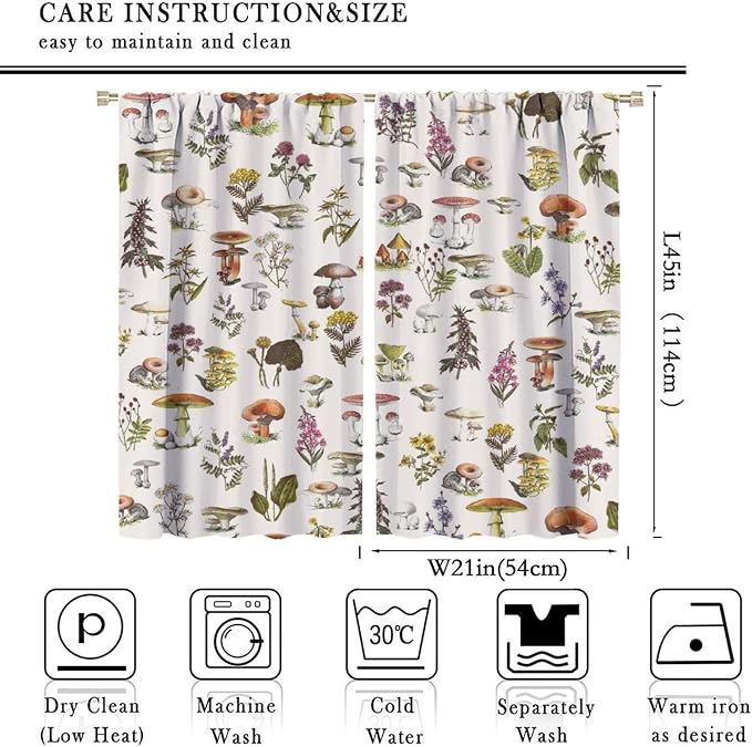 Vintage Botanical Curtains, Rustic Plants Herbs Mushroom Nature Wildflower Print Blackout Window Treatments for Living Room Bedroom Kitchen 42x45 Inch