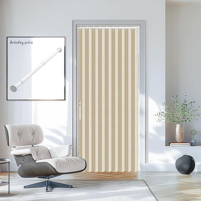 AJAZZ Set: Curtain Rods No Drilling (28-39" W Adjustable Range) & Accordion Door Curtain Cream White 42W×78" L, Accordion Doors for Closet Doorway Room Divider