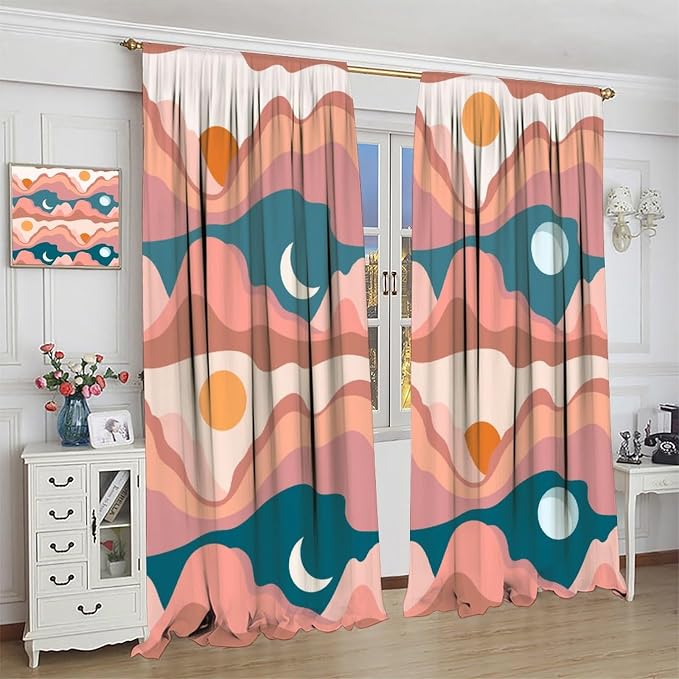 Sun Moon Blackout Curtains, Bohemian Desert Mountains Sun Moon Abstract Modern Mid Century Window Drapes, for Bedroom Living Room 84" W X 84" L