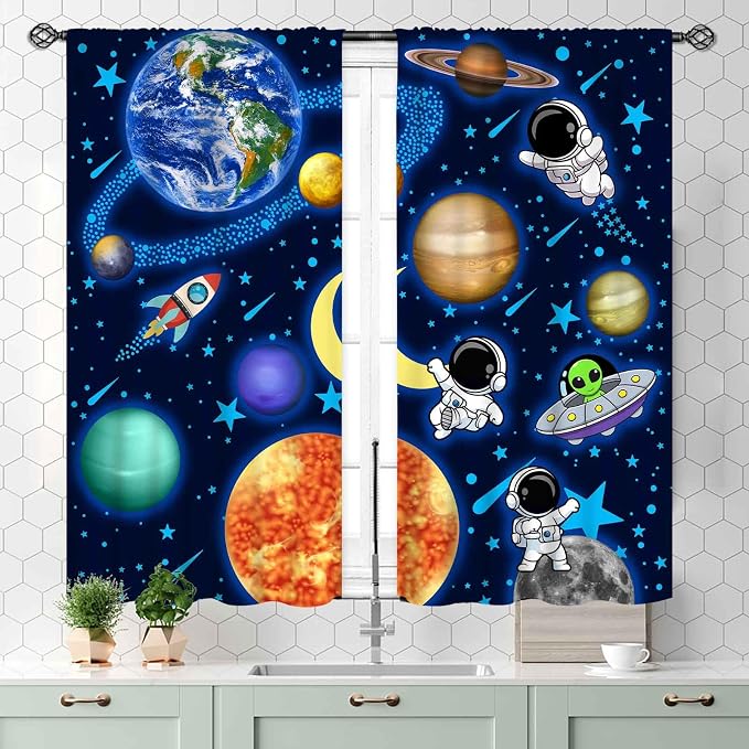 Space Curtains, Kids Boys Solary System Universe Outer Space Planet Astronaut Galaxy Blackout Window Drapery Treatments for Living Room Nursery Playroom 2 Panels, 55x39 Inch