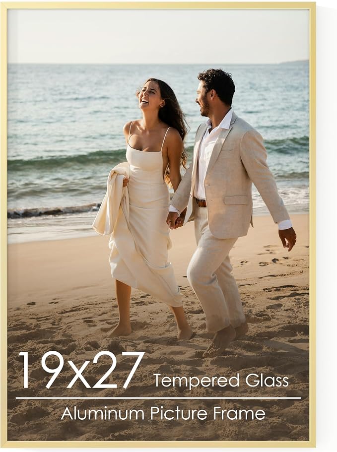 FLYJOE 19x27 Metal Picture Frame - Gold Aluminum Picture Frames with Real Glass, Wall Mounting Horizontally or Vertically, Diploma, Certificates and Decor for Wall Gallery 27x19 Frame, Gold