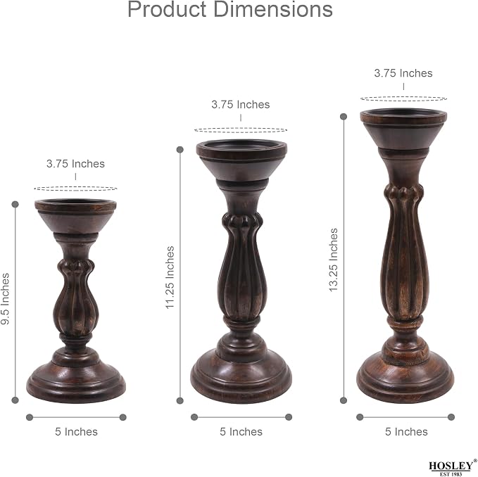 Hosley Set of 3 Dark Brown Wood Pillar Candle Holders 13 Inches 11 Inches and 9 Inches High Ideal for LED and Pillar Candles Gifts for Weddings Party Home Spa Reiki Aromatherapy