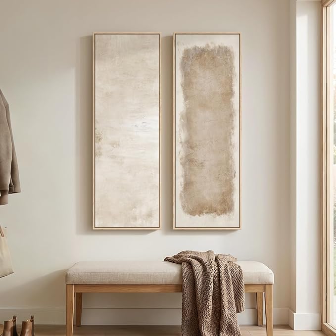 Large Framed Neutral Abstract Vertical Wall Art, Set of 2 Modern Canvas Prints Paintings for Walls, Tall Beige Cream Long Narrow Minimalist Pictures for Living Room Bedroom Hallway Entryway Wall Decor