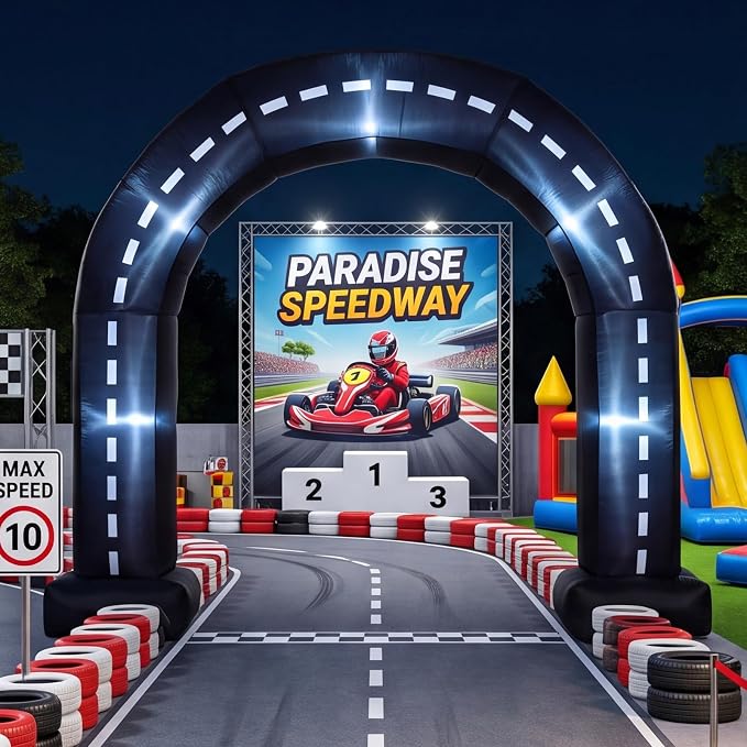 Seenelling 9 Ft Race Car Party Inflatable Archway, Blow Up Racetrack Arch with Built-in LED Lights Racing Themed Decoration for Birthday Party Lawn Yard Decor