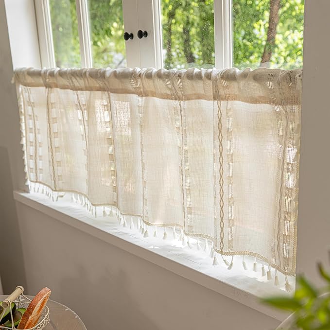 Deeprove Ivory Boho Valance Kitchen Short Curtain, Textured Striped Drape Semi Sheer Privacy Tier Embroidered Chic Window Treatment for Cafe Restaurant Closet, W52 x L18 inch Single 1 Panel