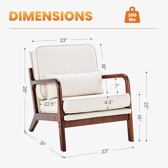 DUMOS Mid Century Modern Accent Chair, Upholstered Armchair with Lumbar Pillow and Solid Wood Frame, Low Side Sitting Chair for Small Living Room, Bedroom, Balcony, Home Corner, Beige