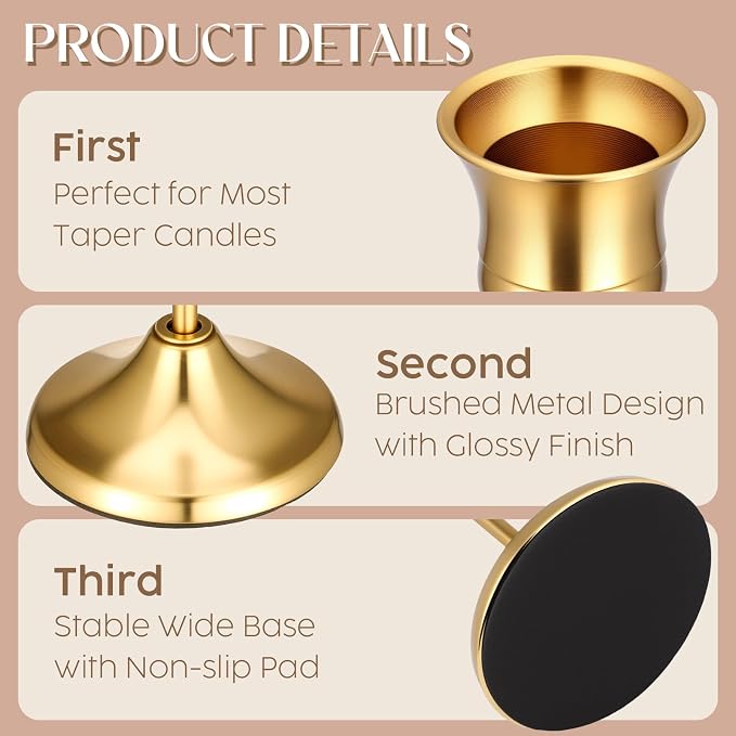 6PCS Brass Gold Taper Candle Holders Set, Vintage Metal Candlestick Holders for Table Centerpiece, Wedding Reception, Festive Christmas Mantel Decoration