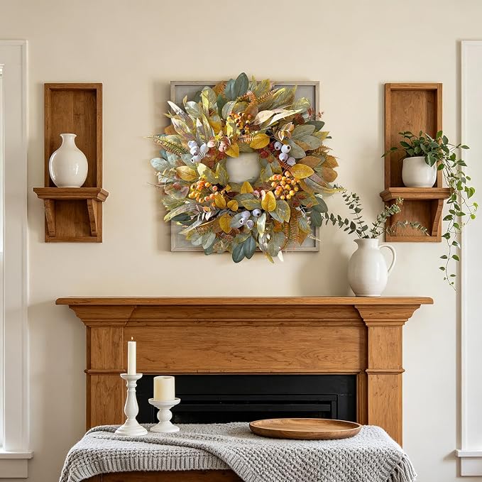 WANNA-CUL 22 Inch Eucalyptus Fall Front Door Wreath Harvest Farmhouse Decor | Year Round Vintage Artificial Greenery Autumn Wreath with Mixed Berries Indoor Outdoor Table Centerpiece Thanksgiving Decor