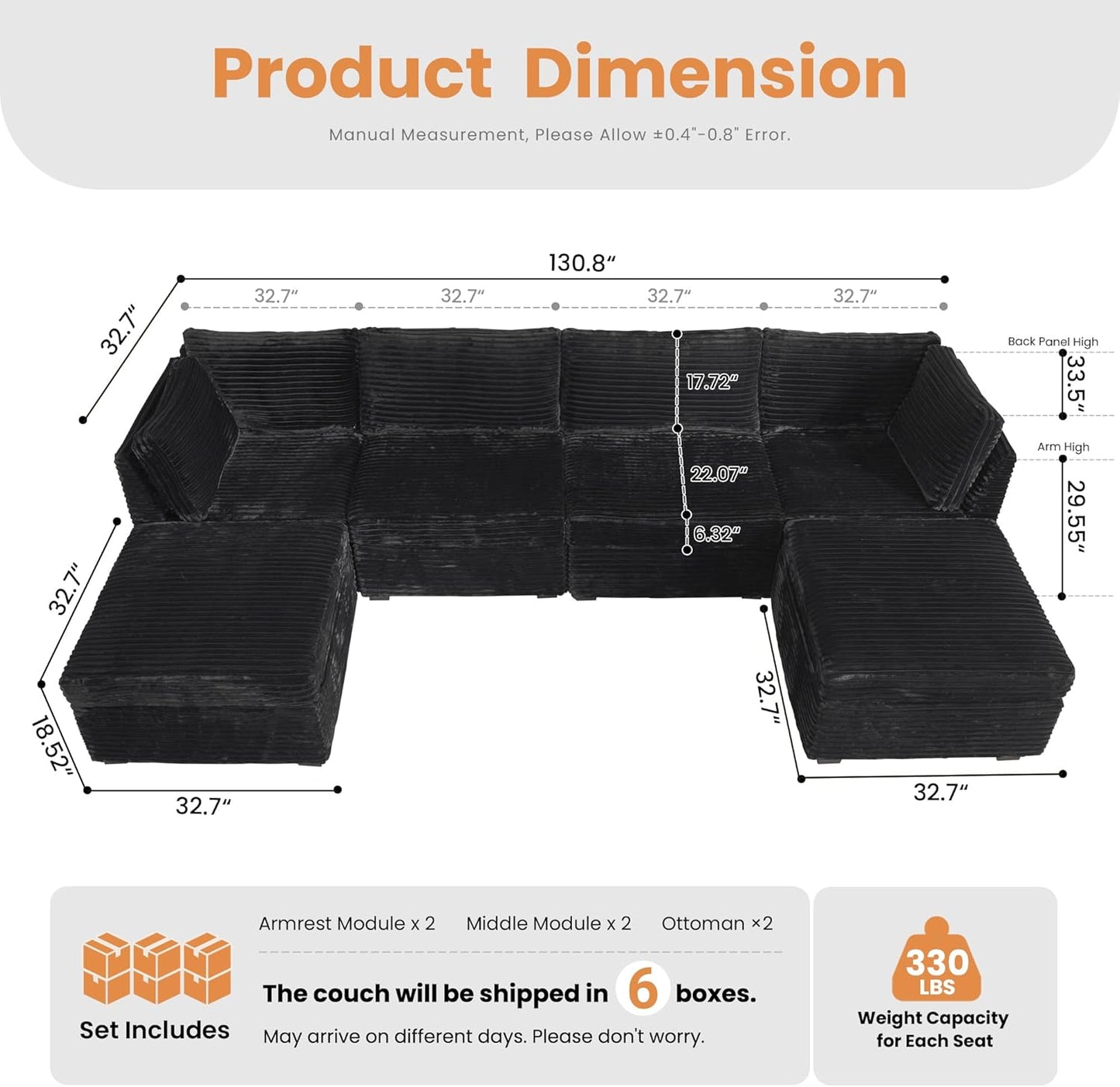 HOOOWOOO Modular Sectional Sofa,6 Pieces Sectional Couches for Living Room,131X66 L Shaped Cloud Couch with Ottoman Chaise Set(Black Velvet Corduroy)