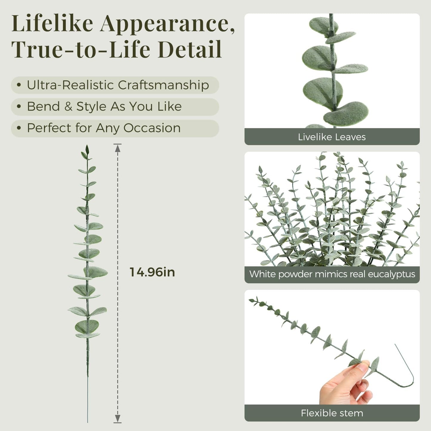 24Pcs Faux Eucalyptus Stems, 15" Artificial Eucalyptus Plants with White Frosted Coating, Fake Eucalyptus Decor Plastic Greenery Leaves for Wedding Bouquets Home Decor DIY Floral Arrangements